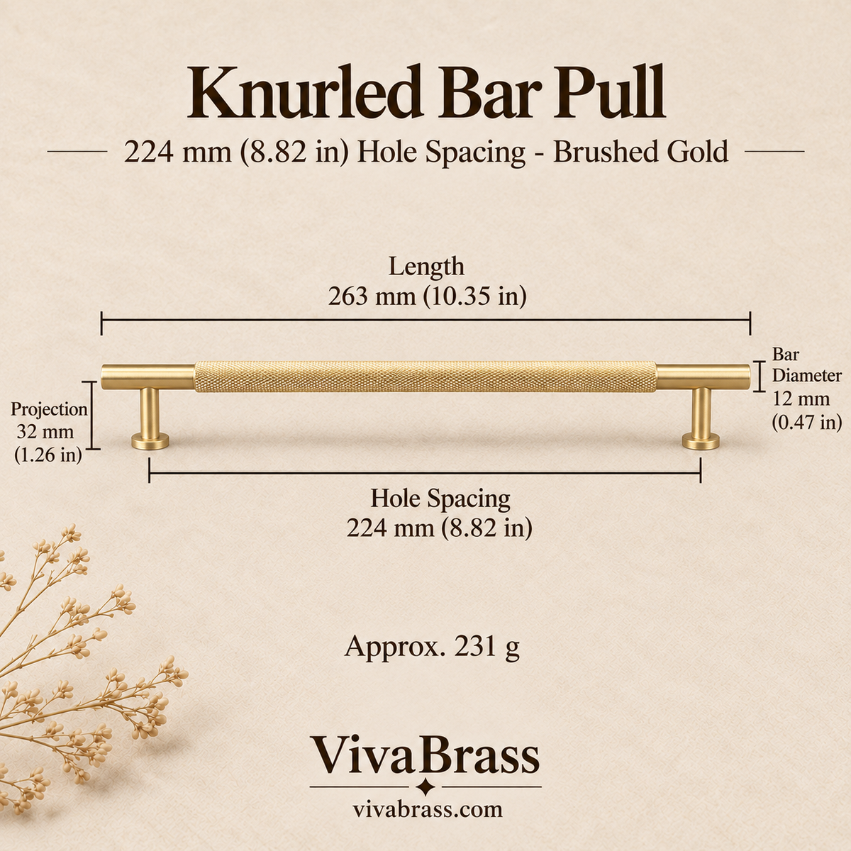 Knurled Bar Pull 224 mm Hole Spacing - Brushed Gold – knurled brass pull by VivaBrass