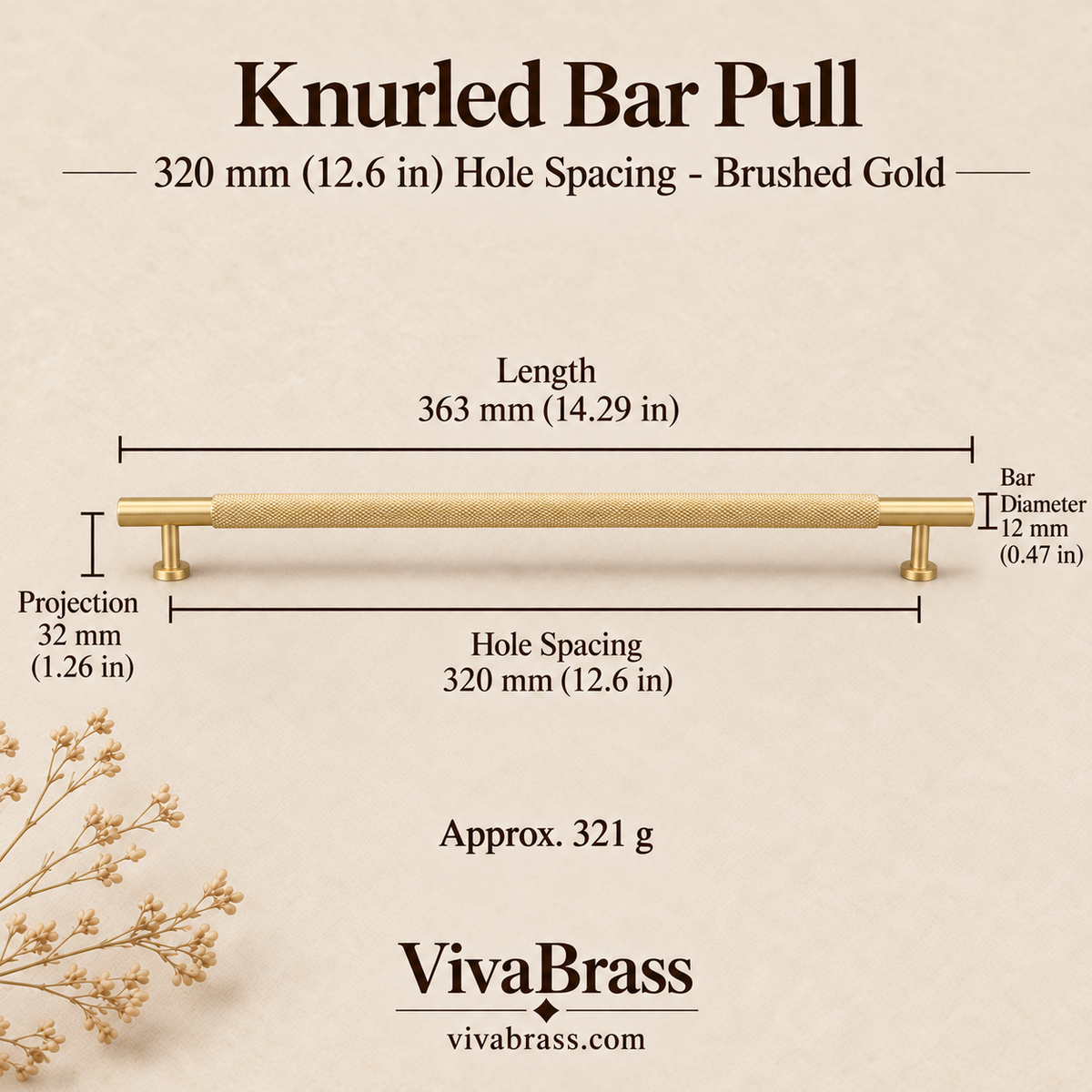 Knurled Bar Pull 320 mm Hole Spacing - Brushed Gold – knurled brass pull by VivaBrass