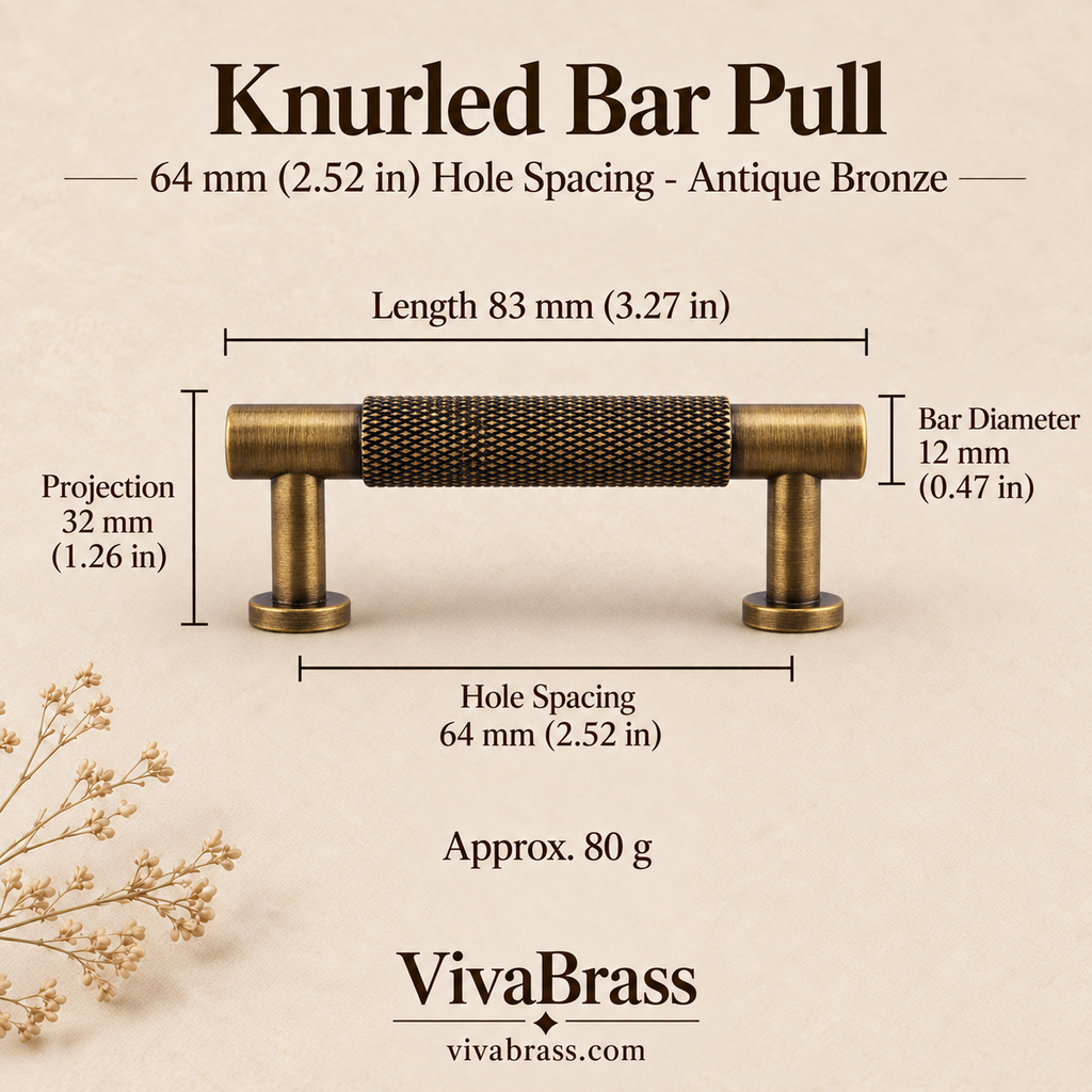 Knurled Bar Pull 64 mm Hole Spacing - Antique Bronze – knurled brass pull by VivaBrass