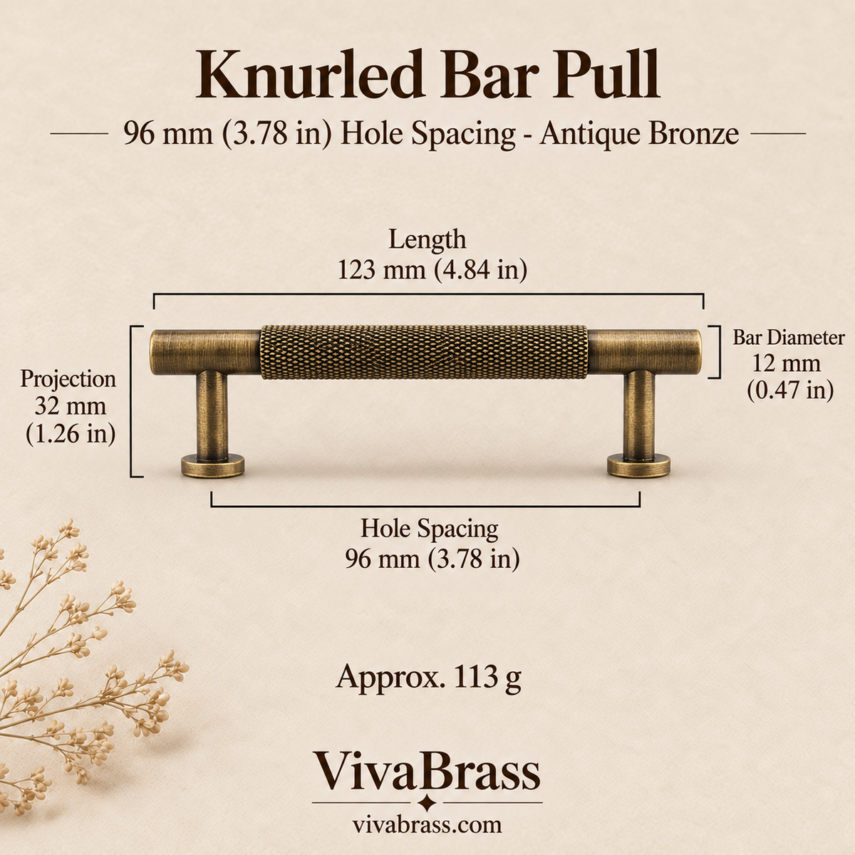 Knurled Bar Pull 96 mm Hole Spacing - Antique Bronze – knurled brass pull by VivaBrass