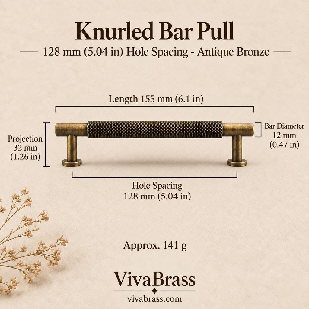 Knurled Bar Pull 128 mm Hole Spacing - Antique Bronze – knurled brass pull by VivaBrass