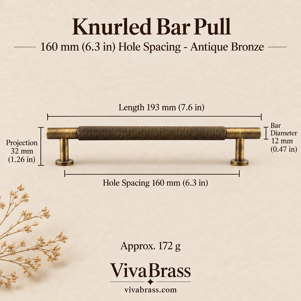 Knurled Bar Pull 160 mm Hole Spacing - Antique Bronze – knurled brass pull by VivaBrass