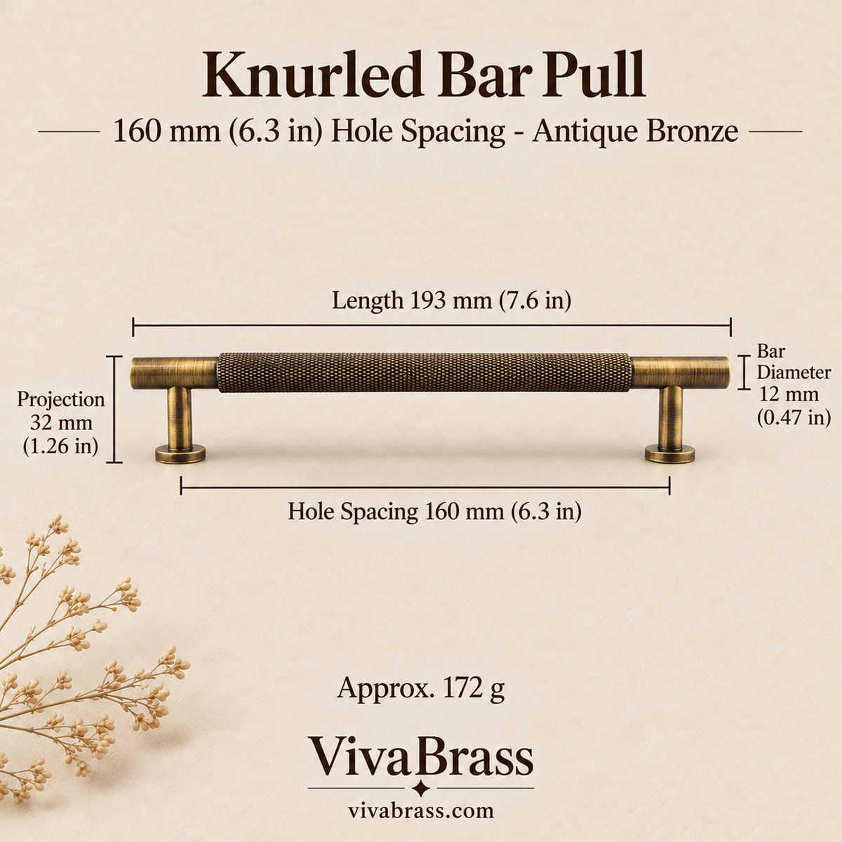 Knurled Bar Pull 160 mm Hole Spacing - Antique Bronze – knurled brass pull by VivaBrass