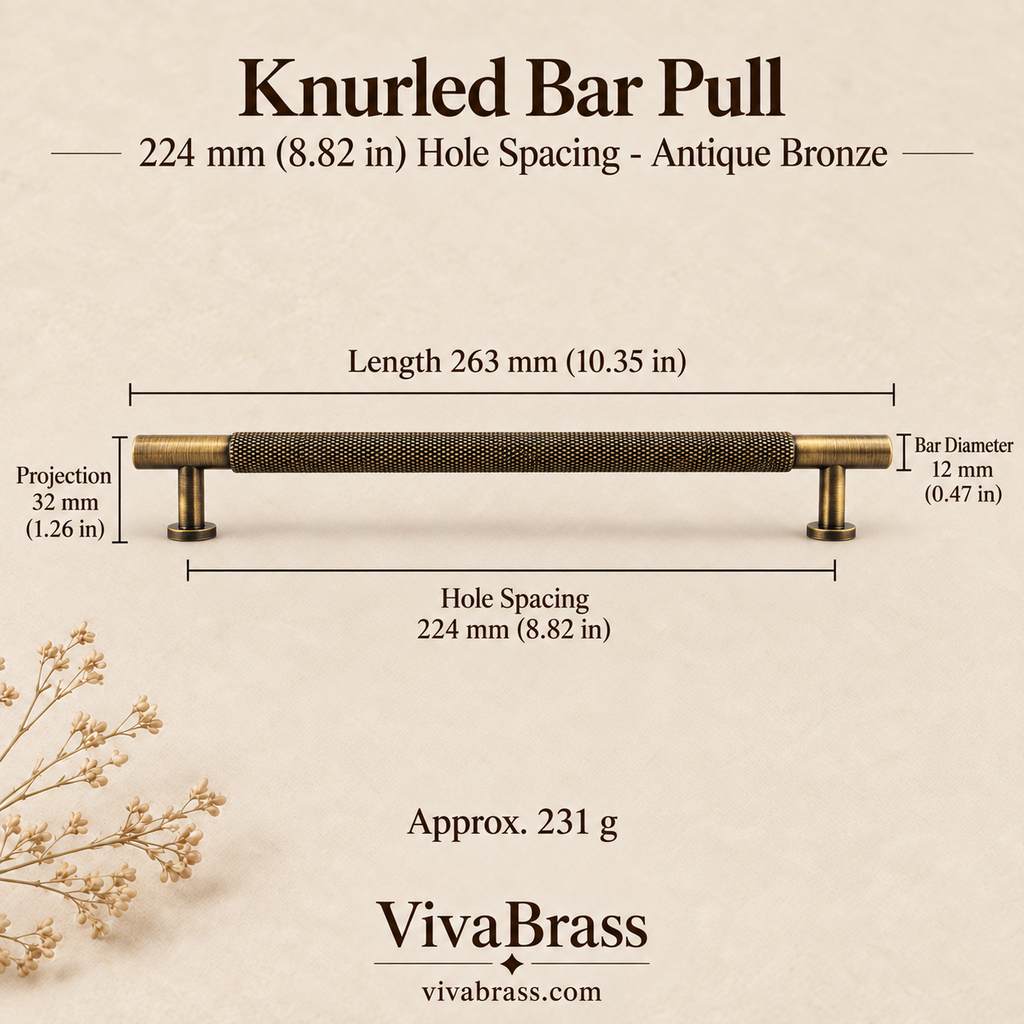 Knurled Bar Pull 224 mm Hole Spacing - Antique Bronze – knurled brass pull by VivaBrass