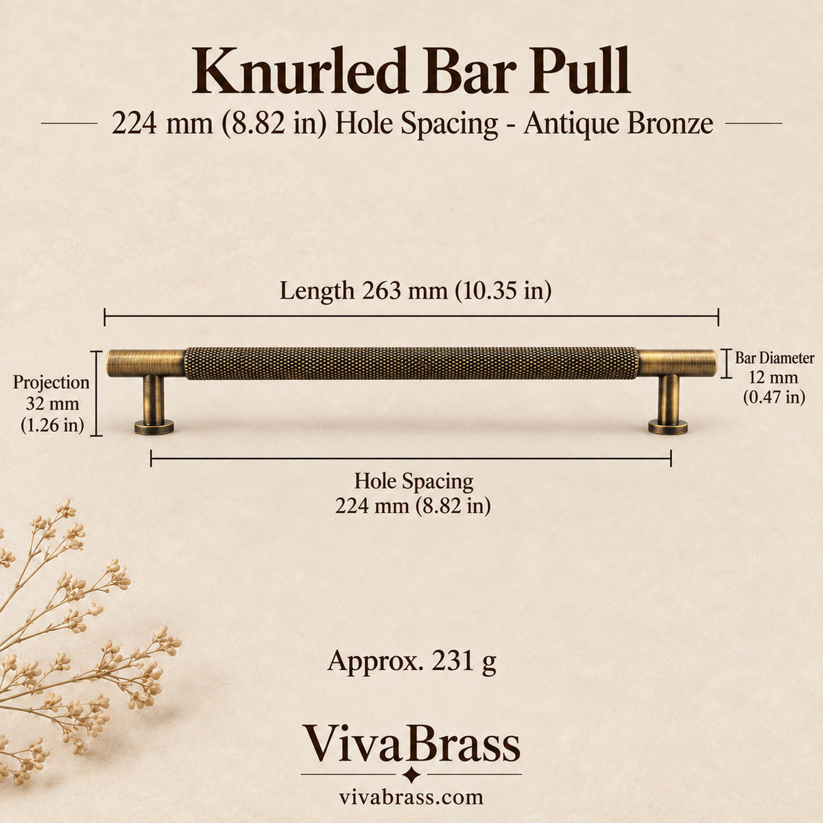 Knurled Bar Pull 224 mm Hole Spacing - Antique Bronze – knurled brass pull by VivaBrass