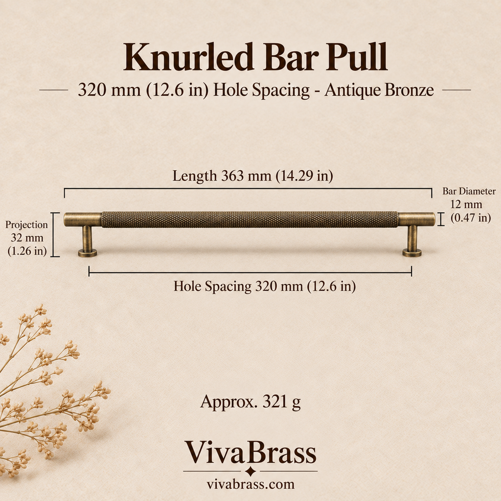 Knurled Bar Pull 320 mm Hole Spacing - Antique Bronze – knurled brass pull by VivaBrass