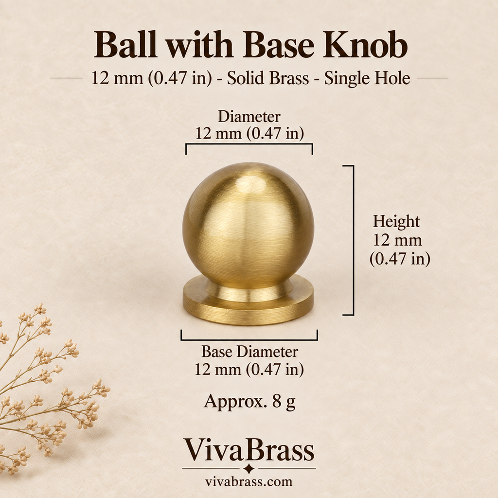 Ball with Base - 12 mm (0.47 in) – brushed solid brass ball knob by VivaBrass