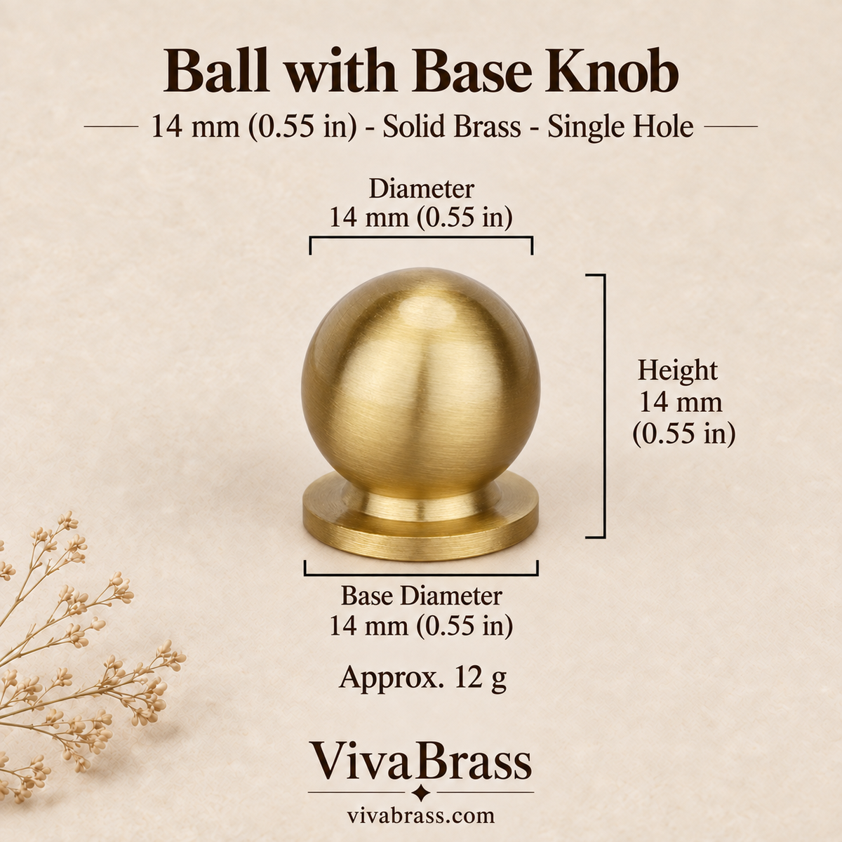 Ball with Base - 14 mm (0.55 in) – brushed solid brass ball knob by VivaBrass