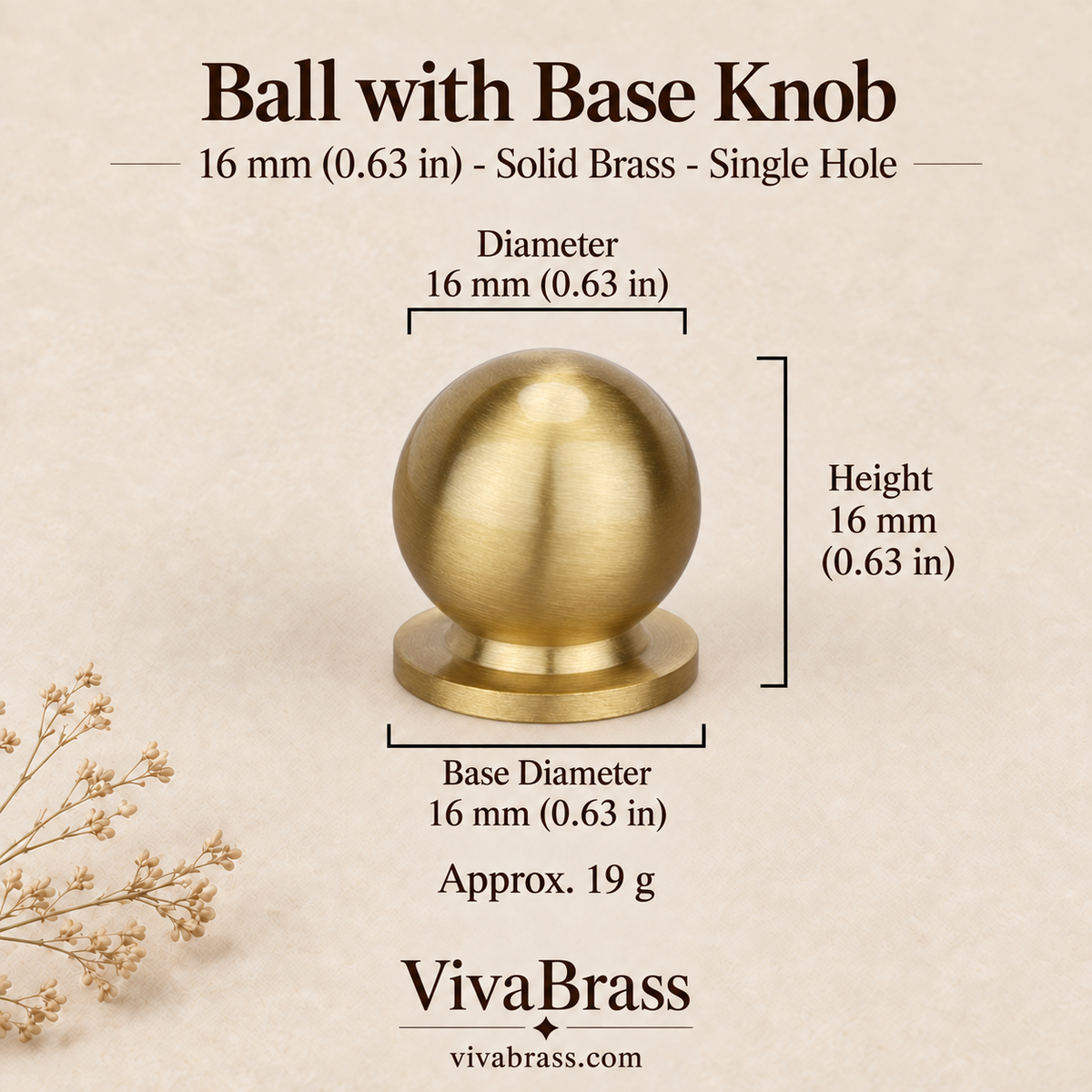 Ball with Base - 16 mm (0.63 in) – brushed solid brass ball knob by VivaBrass