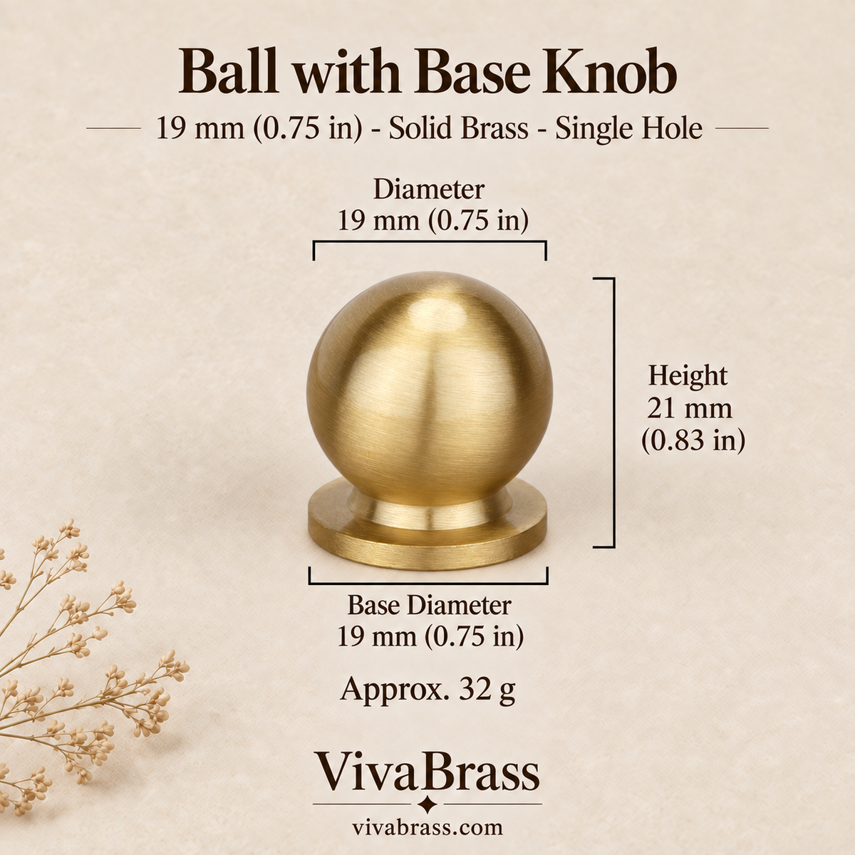 Ball with Base - 19 mm (0.75 in) – brushed solid brass ball knob by VivaBrass