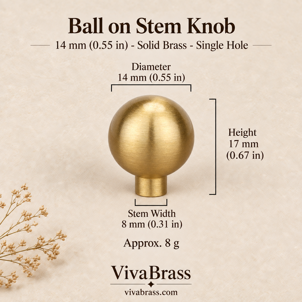 Ball on Stem - 14 mm (0.55 in) – brushed solid brass ball knob by VivaBrass