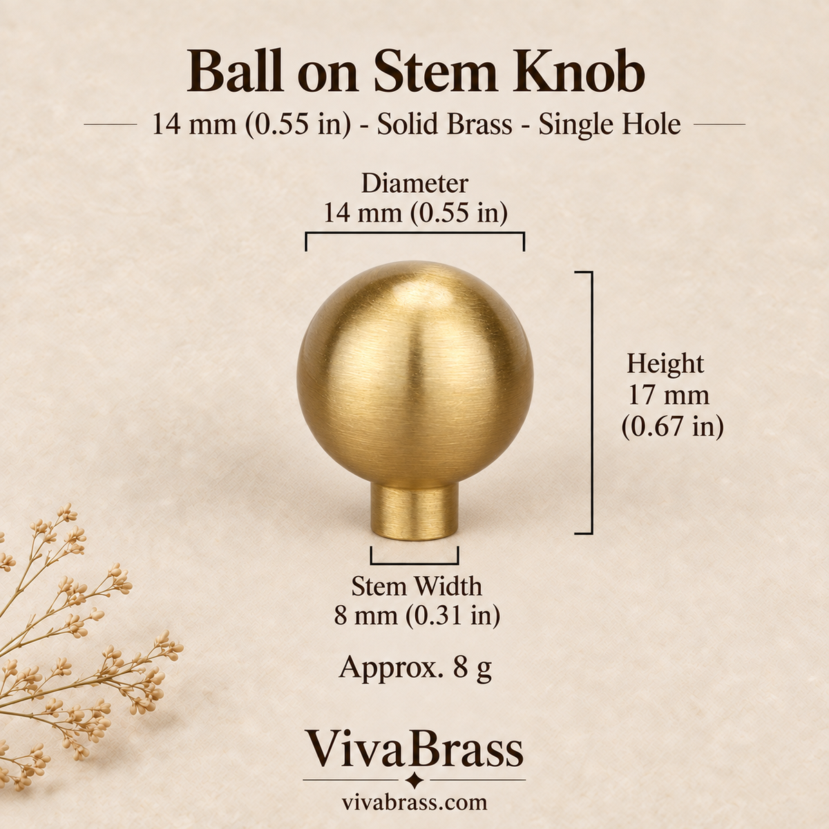 Ball on Stem - 14 mm (0.55 in) – brushed solid brass ball knob by VivaBrass