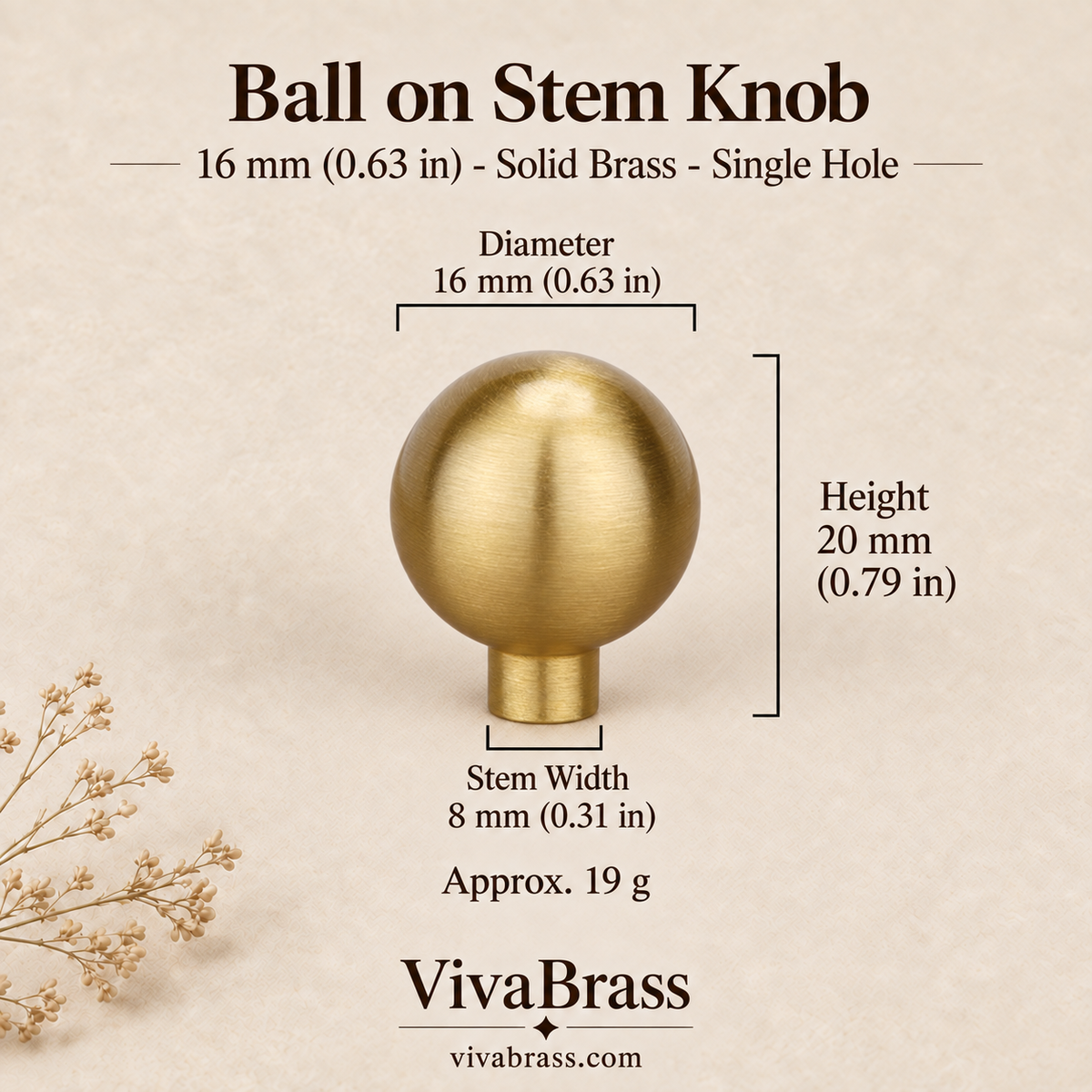 Ball on Stem - 16 mm (0.63 in) – brushed solid brass ball knob by VivaBrass