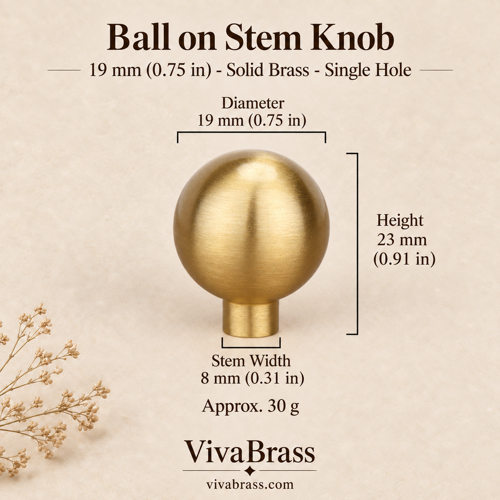 Ball on Stem - 19 mm (0.75 in) – brushed solid brass ball knob by VivaBrass