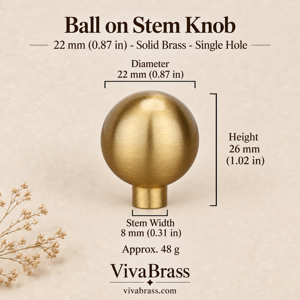 Ball on Stem - 22 mm (0.87 in) – brushed solid brass ball knob by VivaBrass