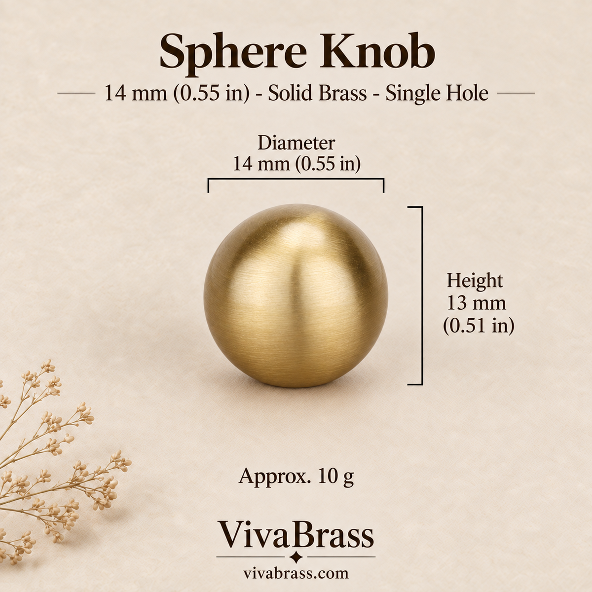 Sphere - 14 mm (0.55 in) – brushed solid brass ball knob by VivaBrass