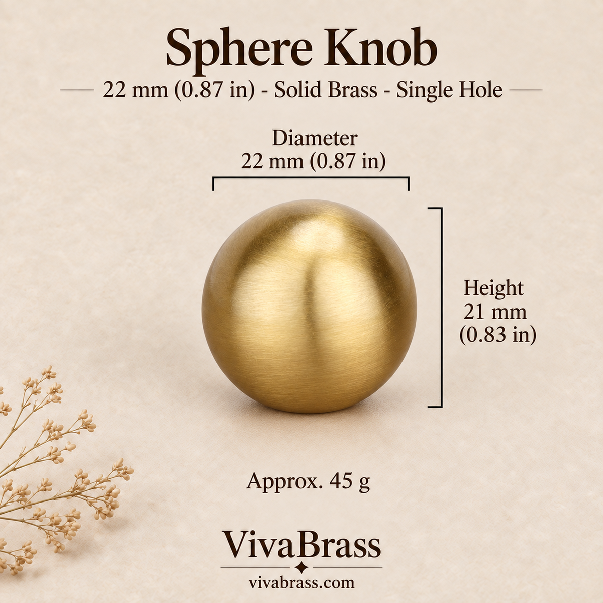 Sphere - 22 mm (0.87 in) – brushed solid brass ball knob by VivaBrass