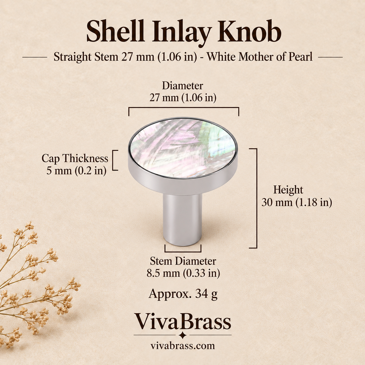 Straight Stem 27 mm (1.06 in) - White Mother of Pearl – shell inlay knob by VivaBrass