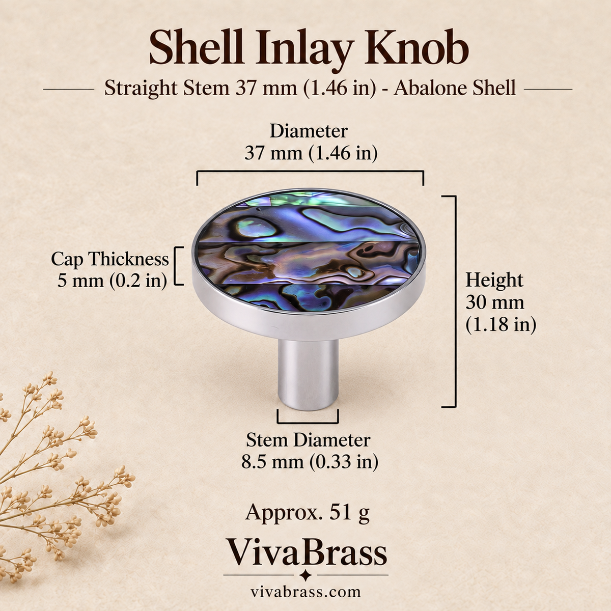 Straight Stem 37 mm (1.46 in) - Abalone Shell – shell inlay knob by VivaBrass