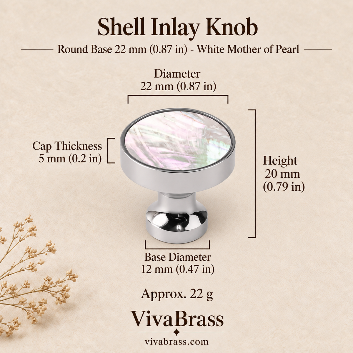 Round Base 22 mm (0.87 in) - White Mother of Pearl – shell inlay knob by VivaBrass