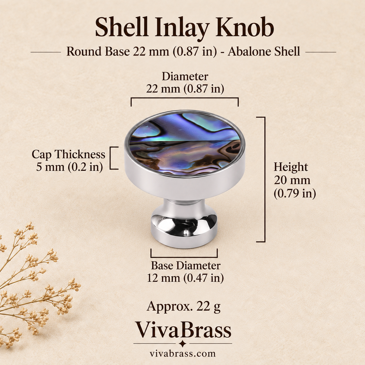 Round Base 22 mm (0.87 in) - Abalone Shell – shell inlay knob by VivaBrass