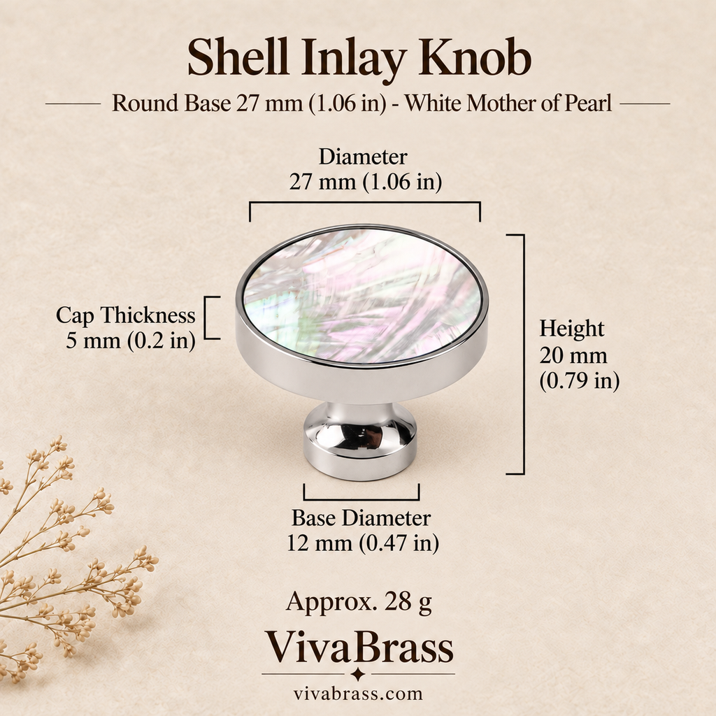 Round Base 27 mm (1.06 in) - White Mother of Pearl – shell inlay knob by VivaBrass