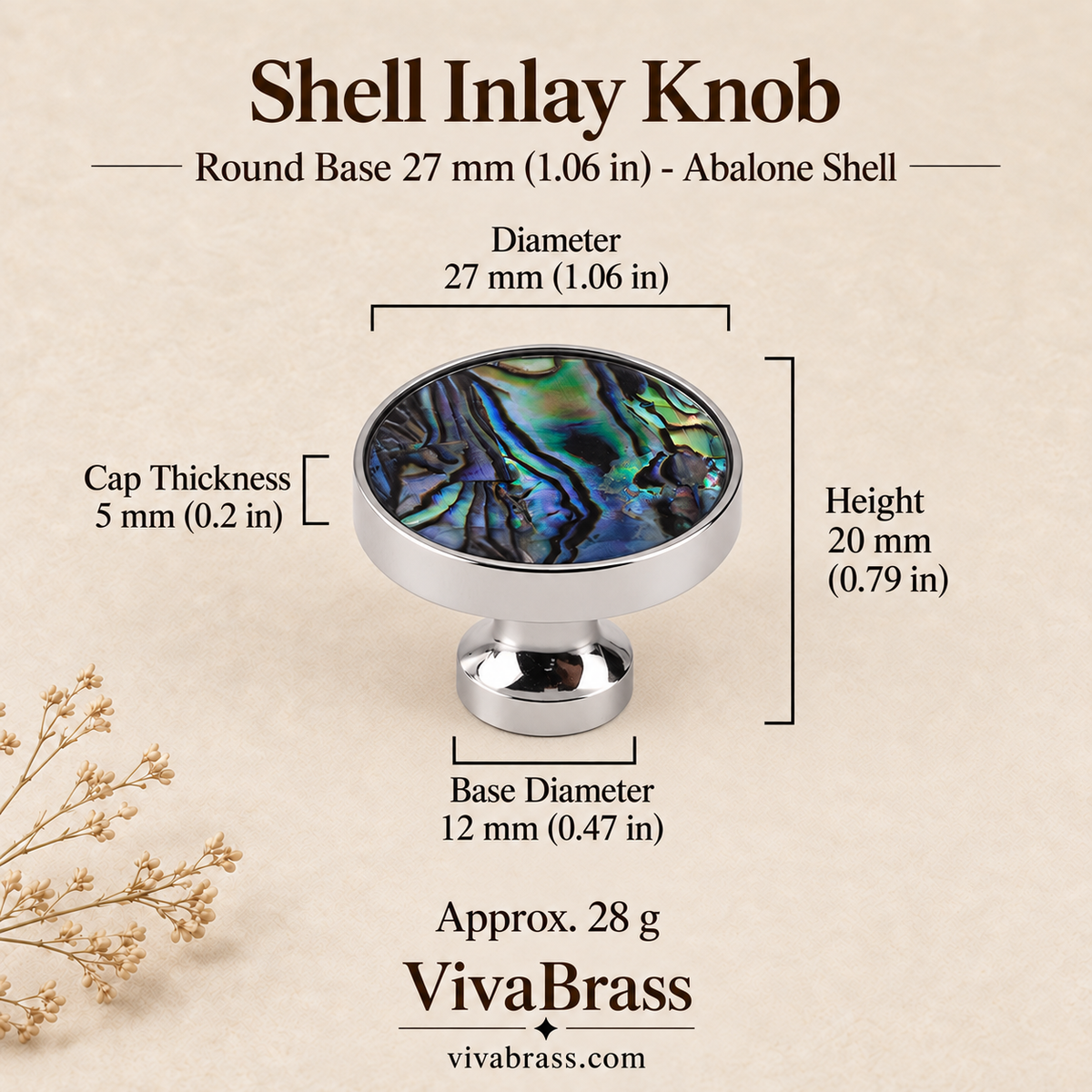 Round Base 27 mm (1.06 in) - Abalone Shell – shell inlay knob by VivaBrass