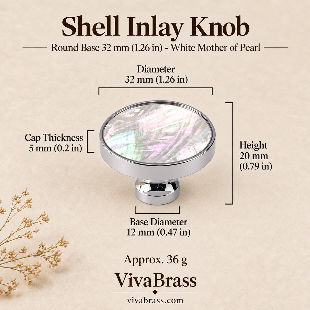 Round Base 32 mm (1.26 in) - White Mother of Pearl – shell inlay knob by VivaBrass