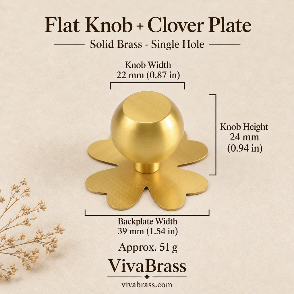 Flat Knob + Clover Plate – solid brass cabinet knob by VivaBrass