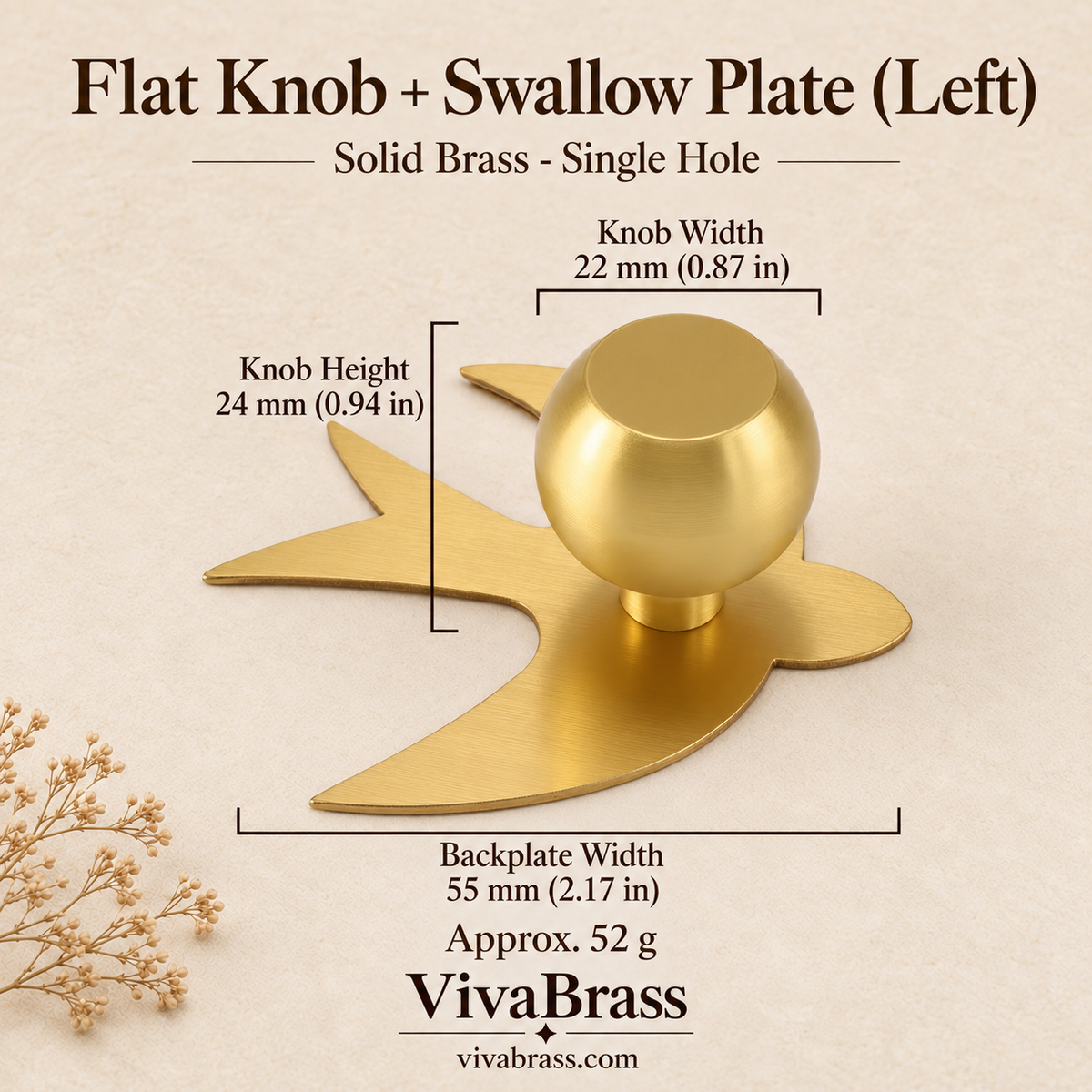 Flat Knob + Swallow Plate (Left) – solid brass cabinet knob by VivaBrass