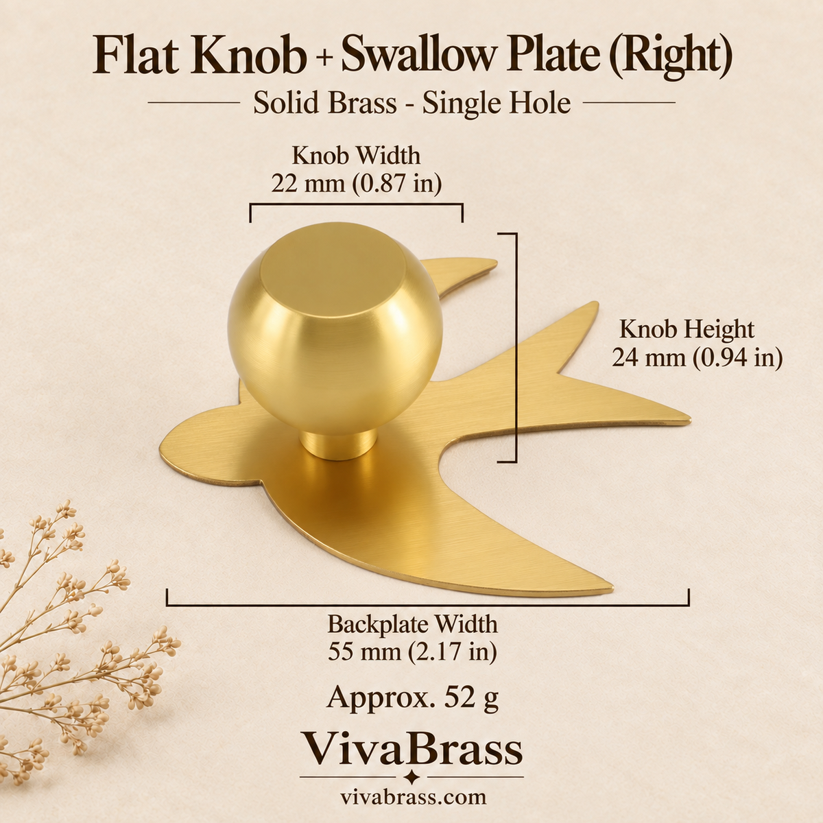Flat Knob + Swallow Plate (Right) – solid brass cabinet knob by VivaBrass