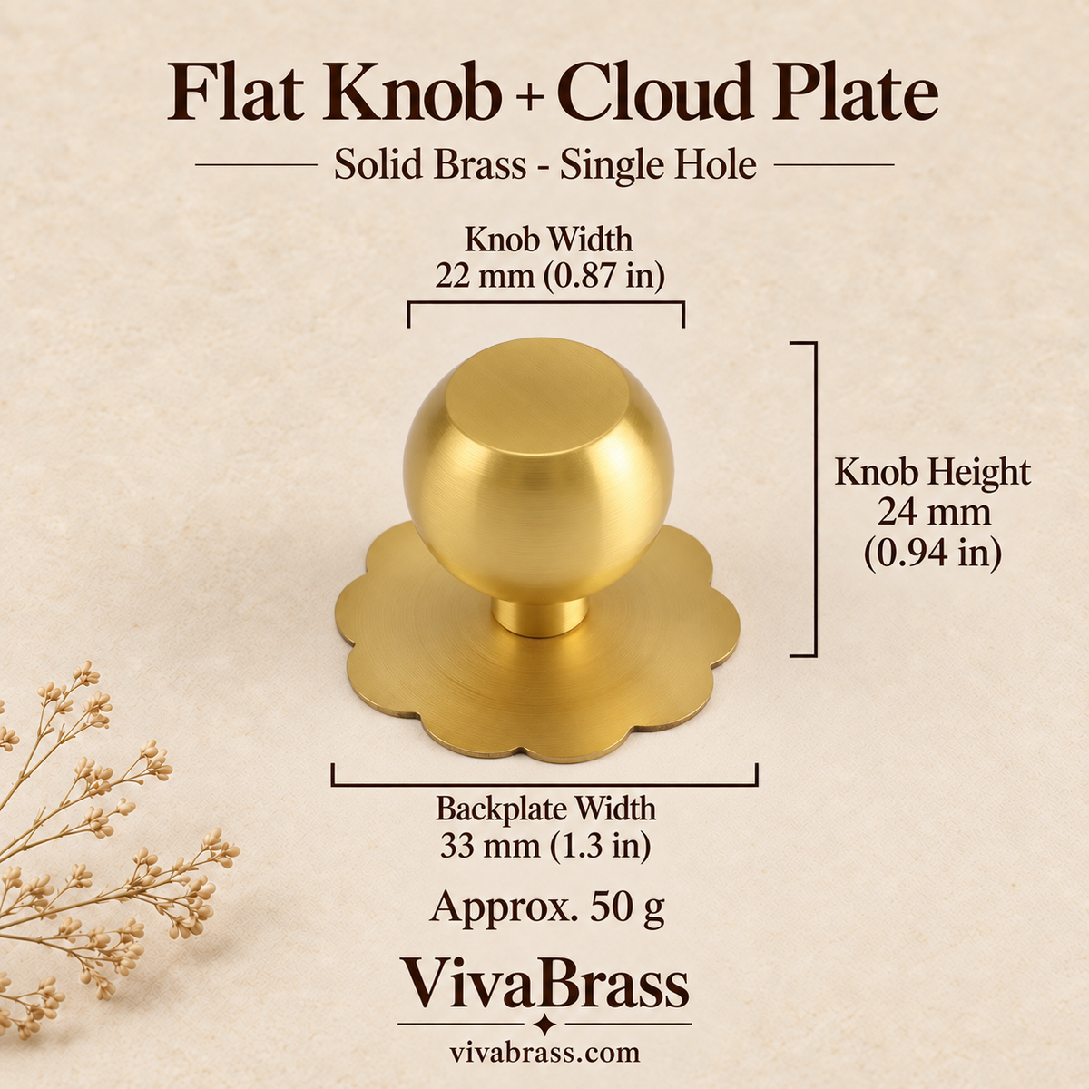 Flat Knob + Cloud Plate – solid brass cabinet knob by VivaBrass
