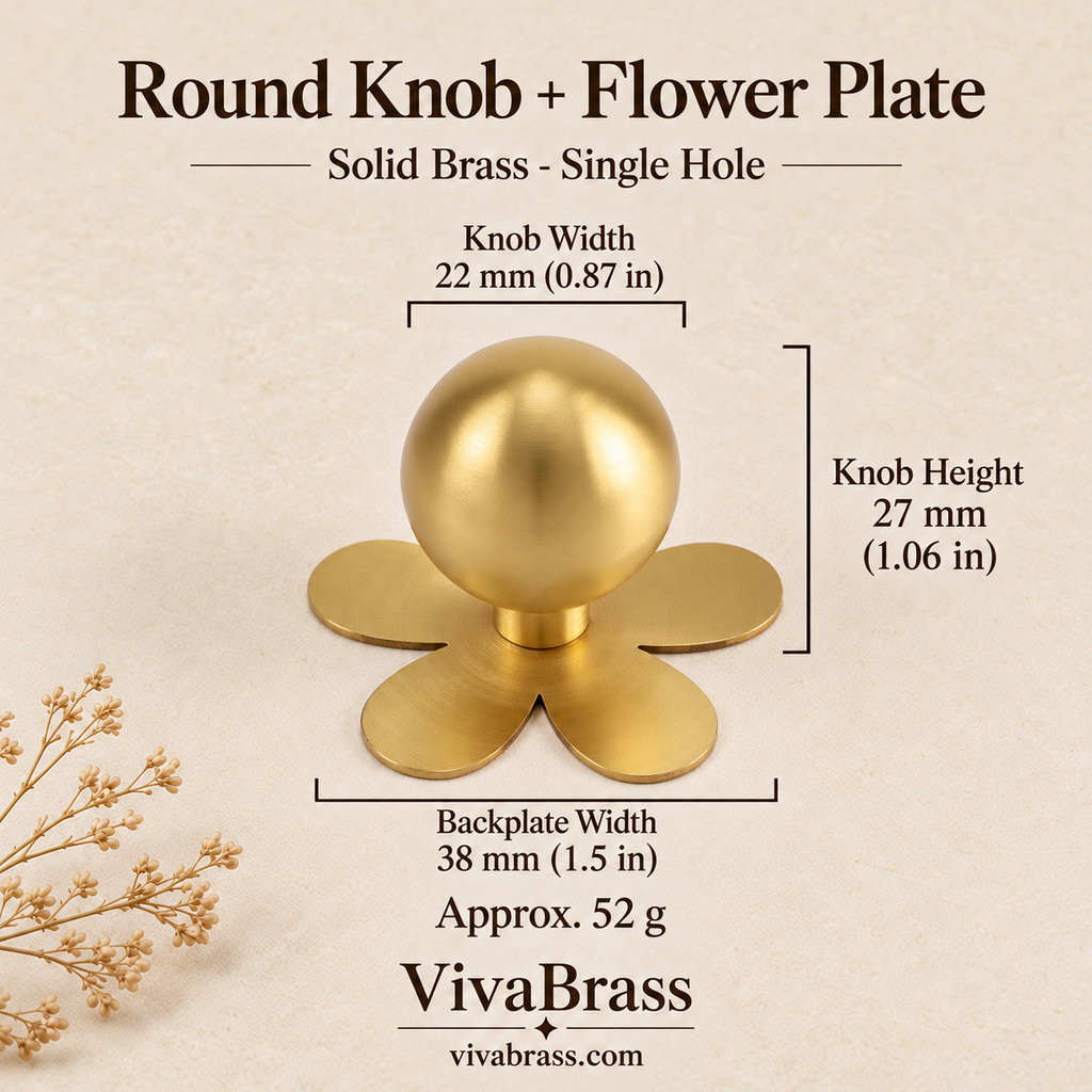 Round Knob + Flower Plate – solid brass cabinet knob by VivaBrass