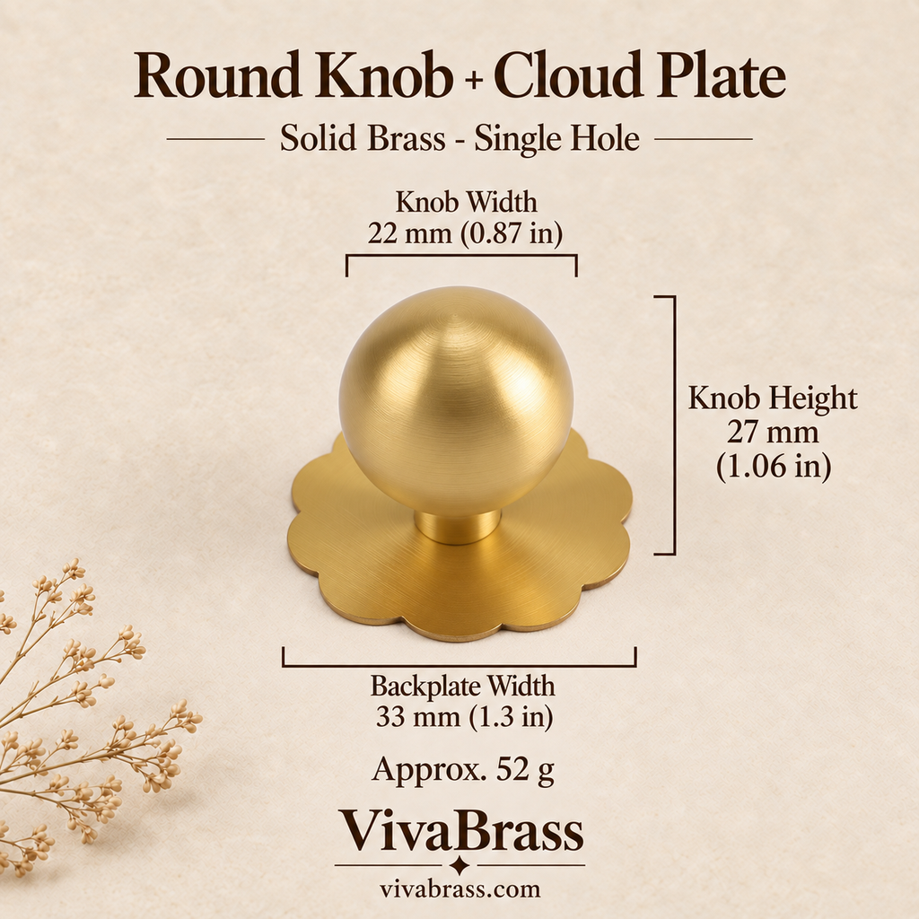 Round Knob + Cloud Plate – solid brass cabinet knob by VivaBrass
