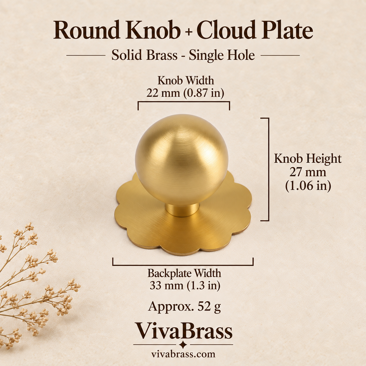 Round Knob + Cloud Plate – solid brass cabinet knob by VivaBrass