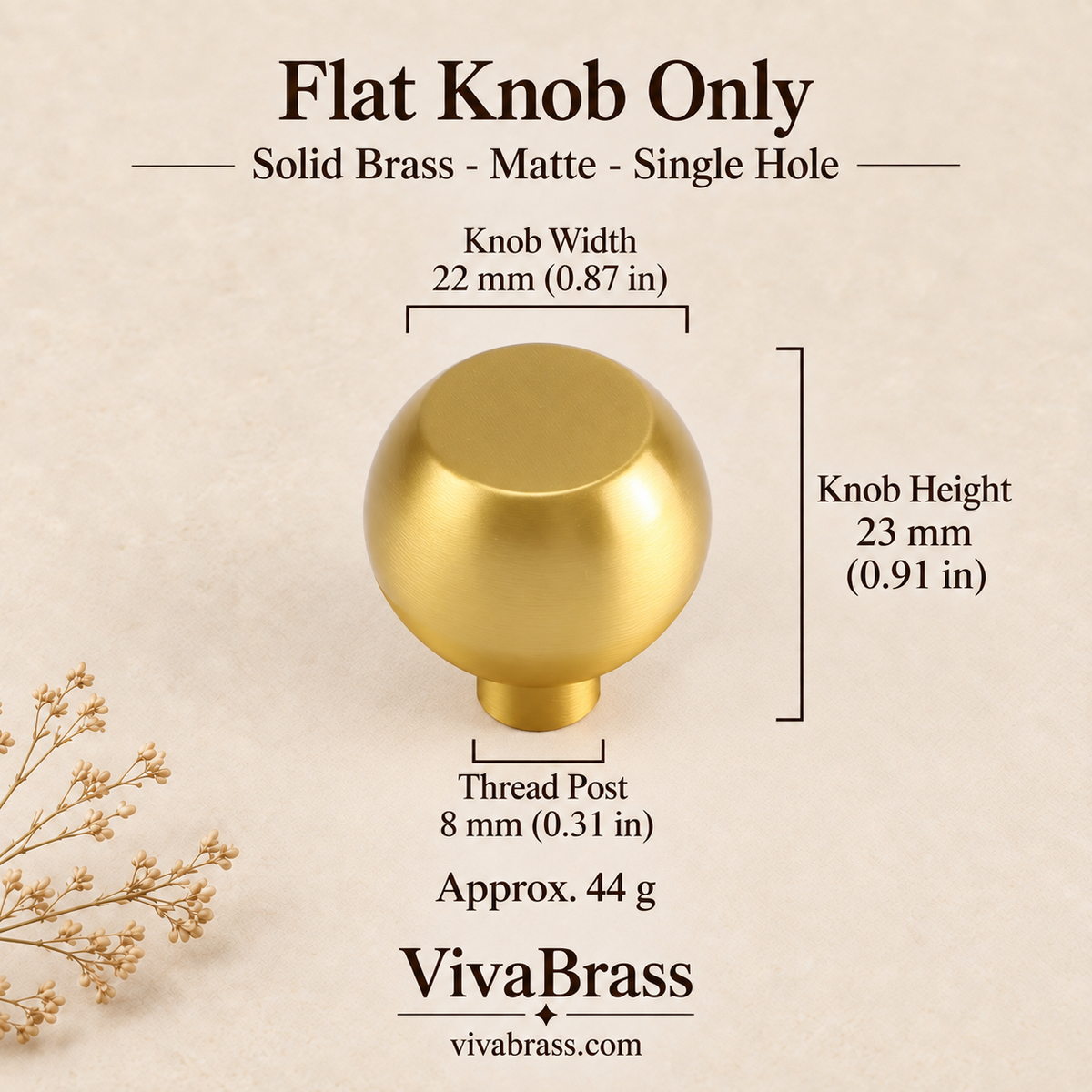 Flat Knob Only (Matte) – solid brass cabinet knob by VivaBrass