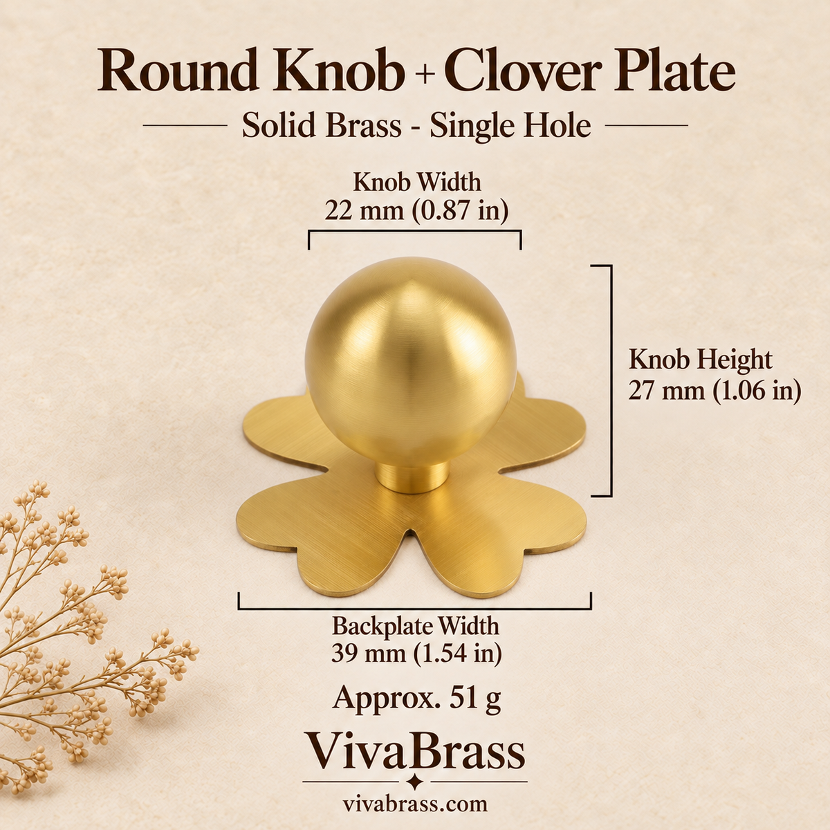 Round Knob + Clover Plate – solid brass cabinet knob by VivaBrass