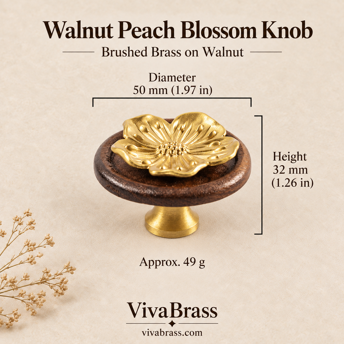 Walnut Peach Blossom Knob - Brushed Brass on Walnut – decorative brass knob by VivaBrass