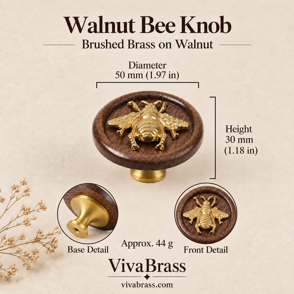Walnut Bee Knob - Brushed Brass on Walnut – decorative brass knob by VivaBrass