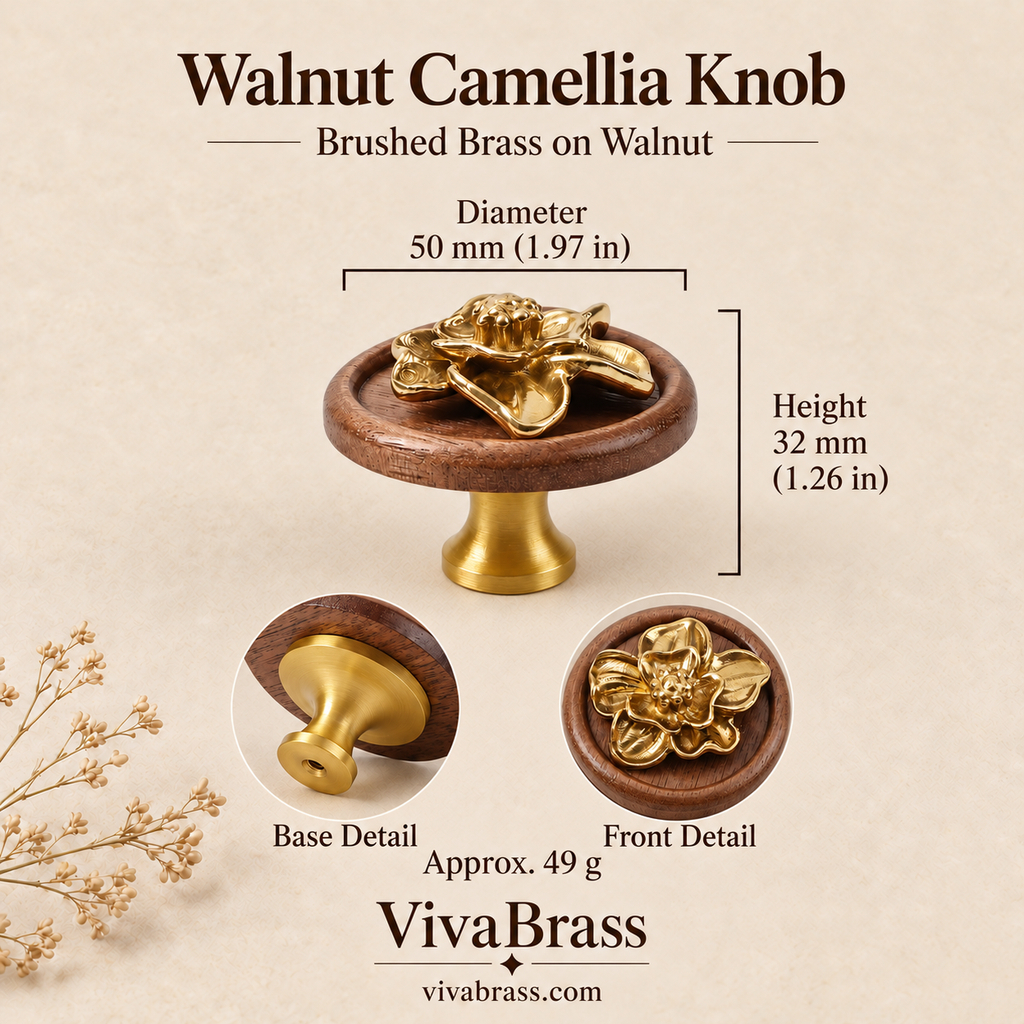 Walnut Camellia Knob - Brushed Brass on Walnut – decorative brass knob by VivaBrass