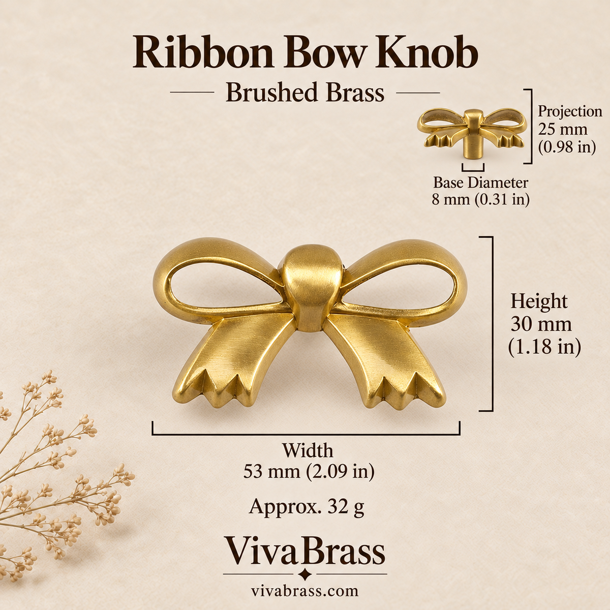 Ribbon Bow Knob - Brushed Brass – decorative brass knob by VivaBrass