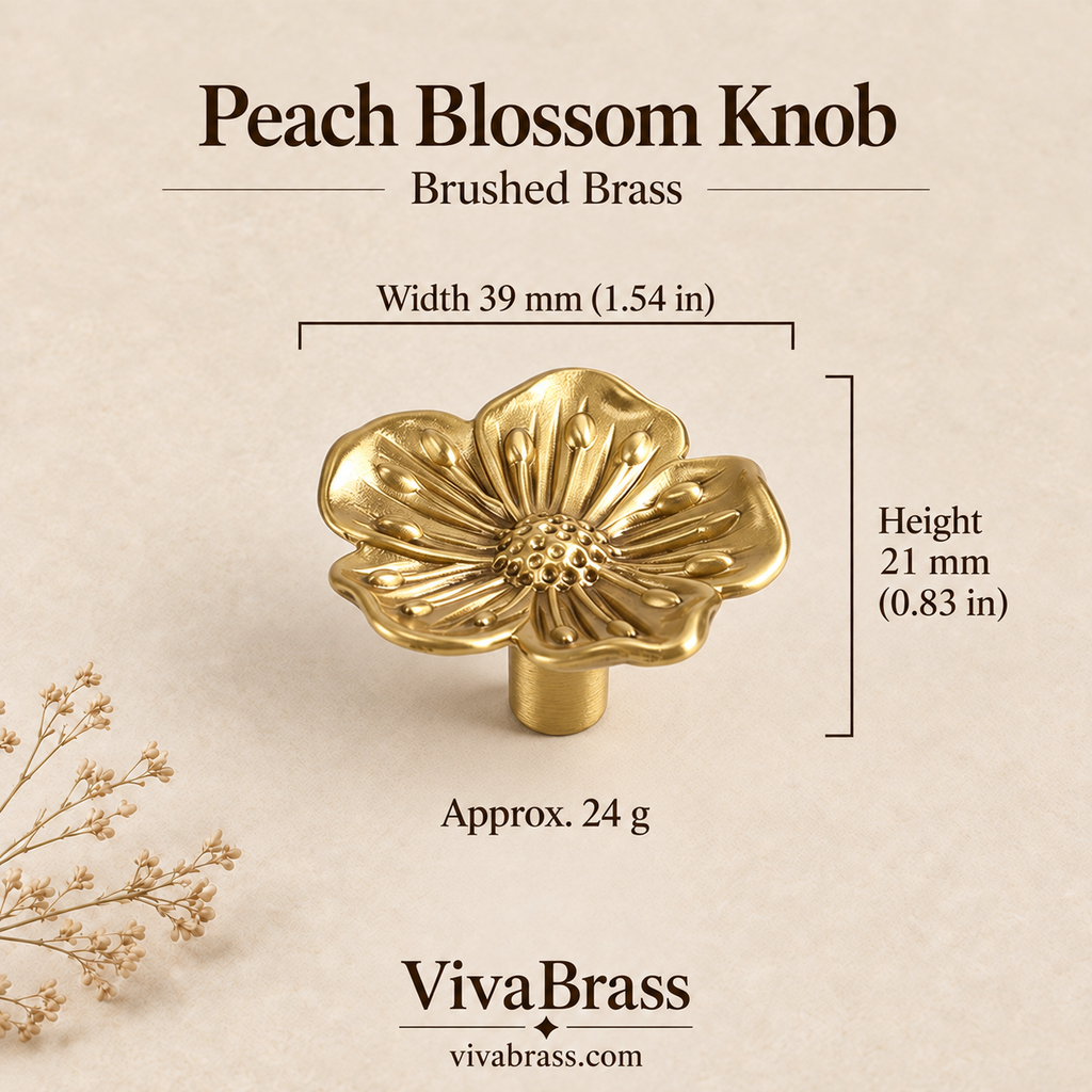 Peach Blossom Knob - Brushed Brass – decorative brass knob by VivaBrass