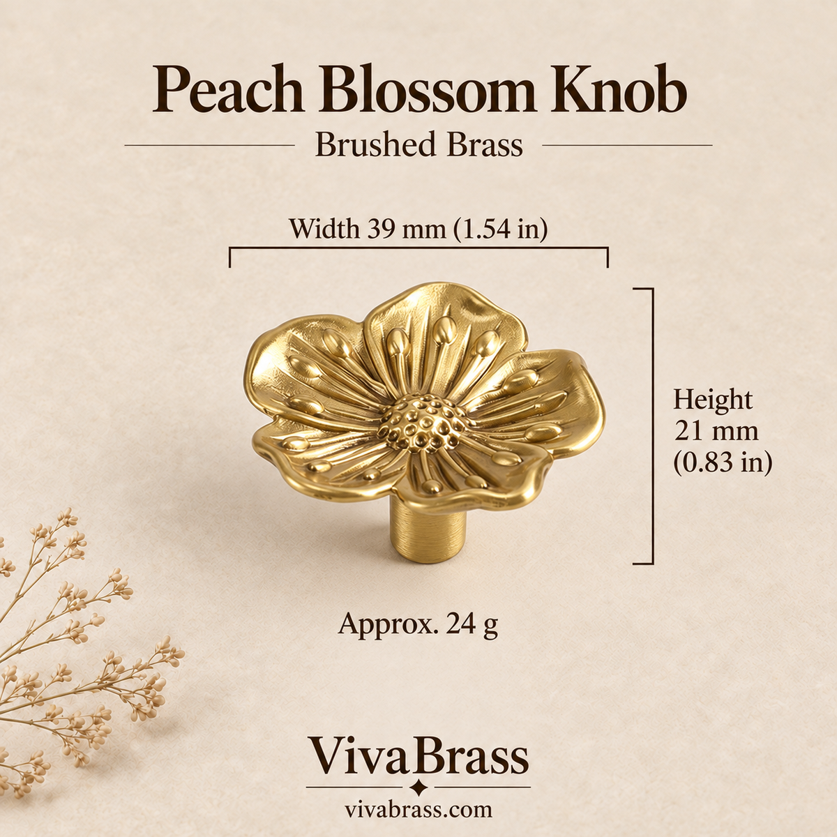 Peach Blossom Knob - Brushed Brass – decorative brass knob by VivaBrass