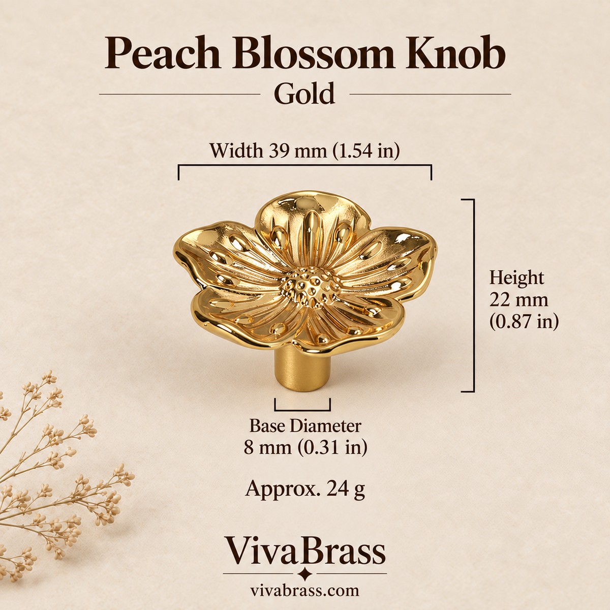Peach Blossom Knob - Gold – decorative brass knob by VivaBrass