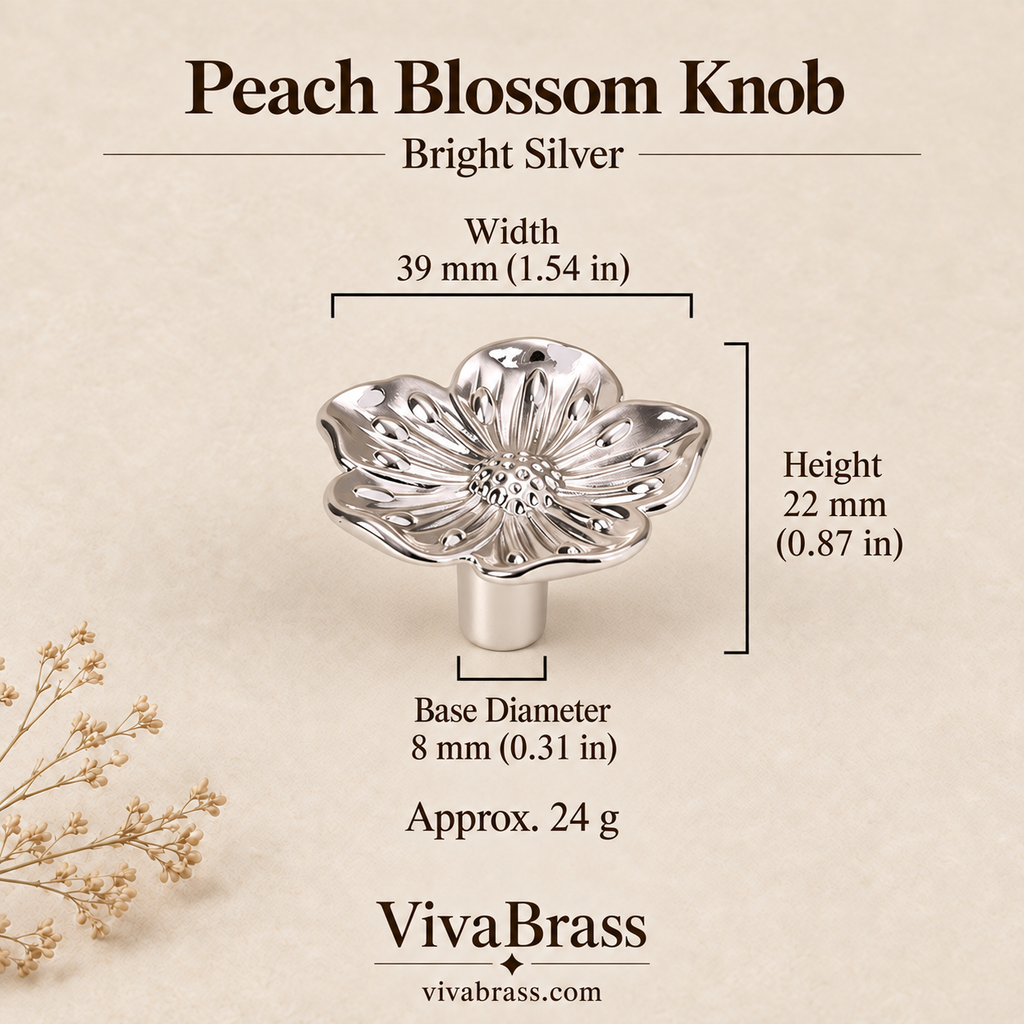 Peach Blossom Knob - Bright Silver – decorative brass knob by VivaBrass