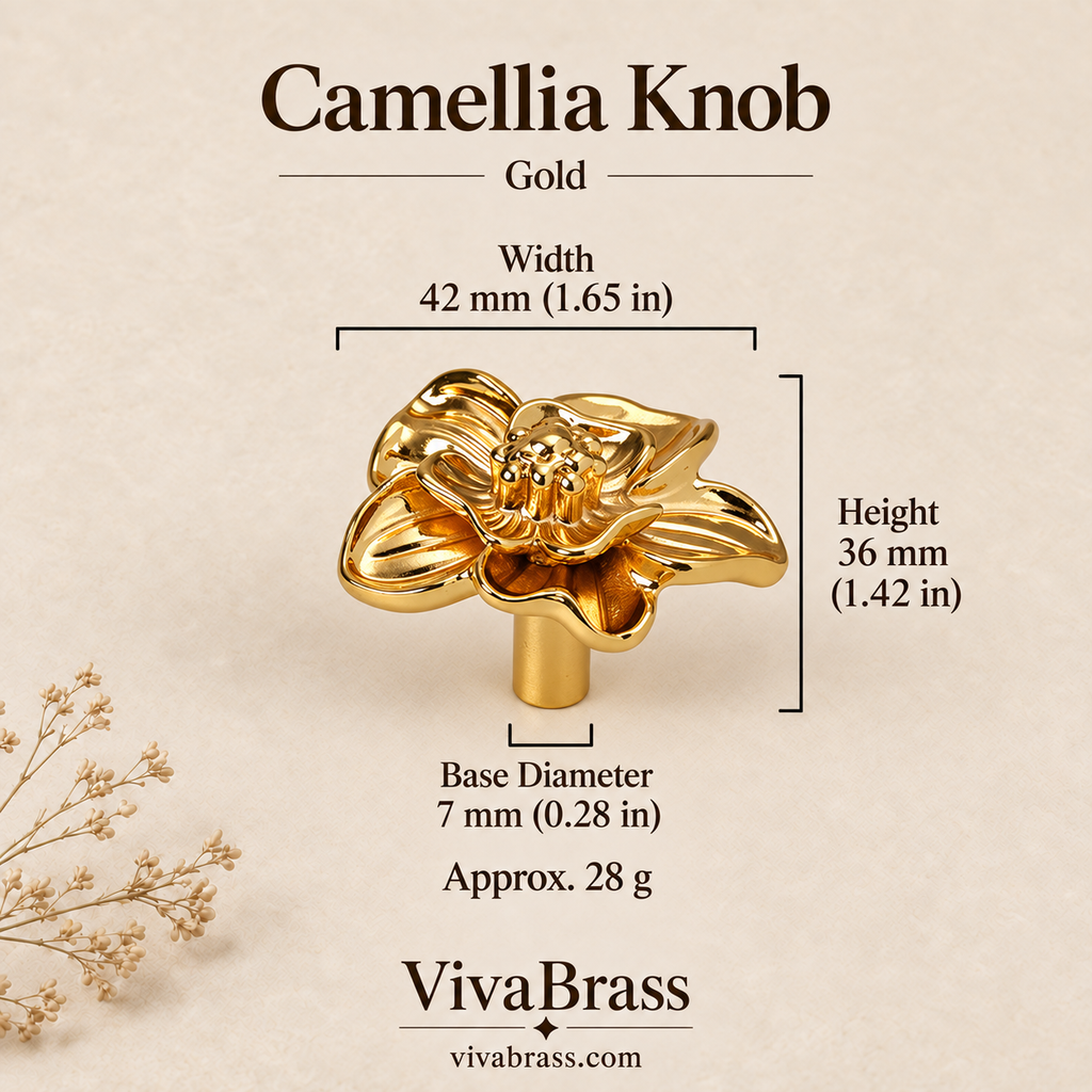Camellia Knob - Gold – decorative brass knob by VivaBrass