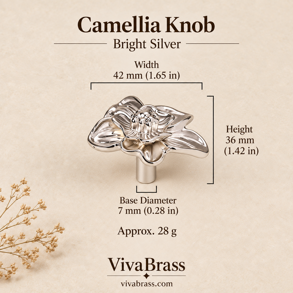 Camellia Knob - Bright Silver – decorative brass knob by VivaBrass