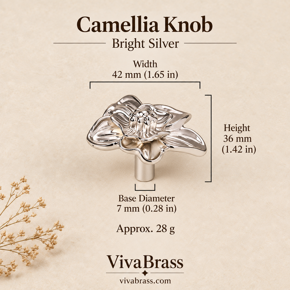 Camellia Knob - Bright Silver – decorative brass knob by VivaBrass