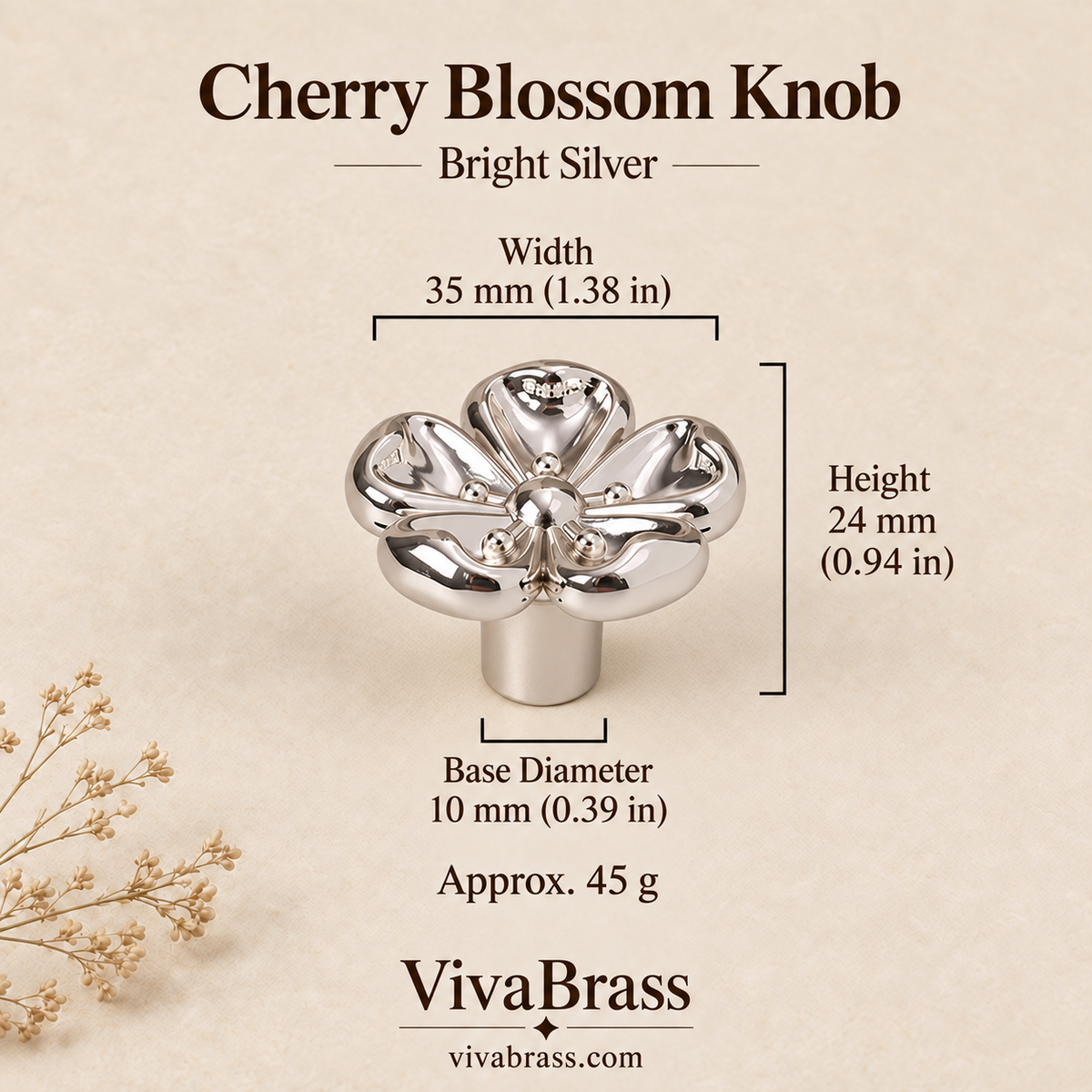 Cherry Blossom Knob - Bright Silver – decorative brass knob by VivaBrass