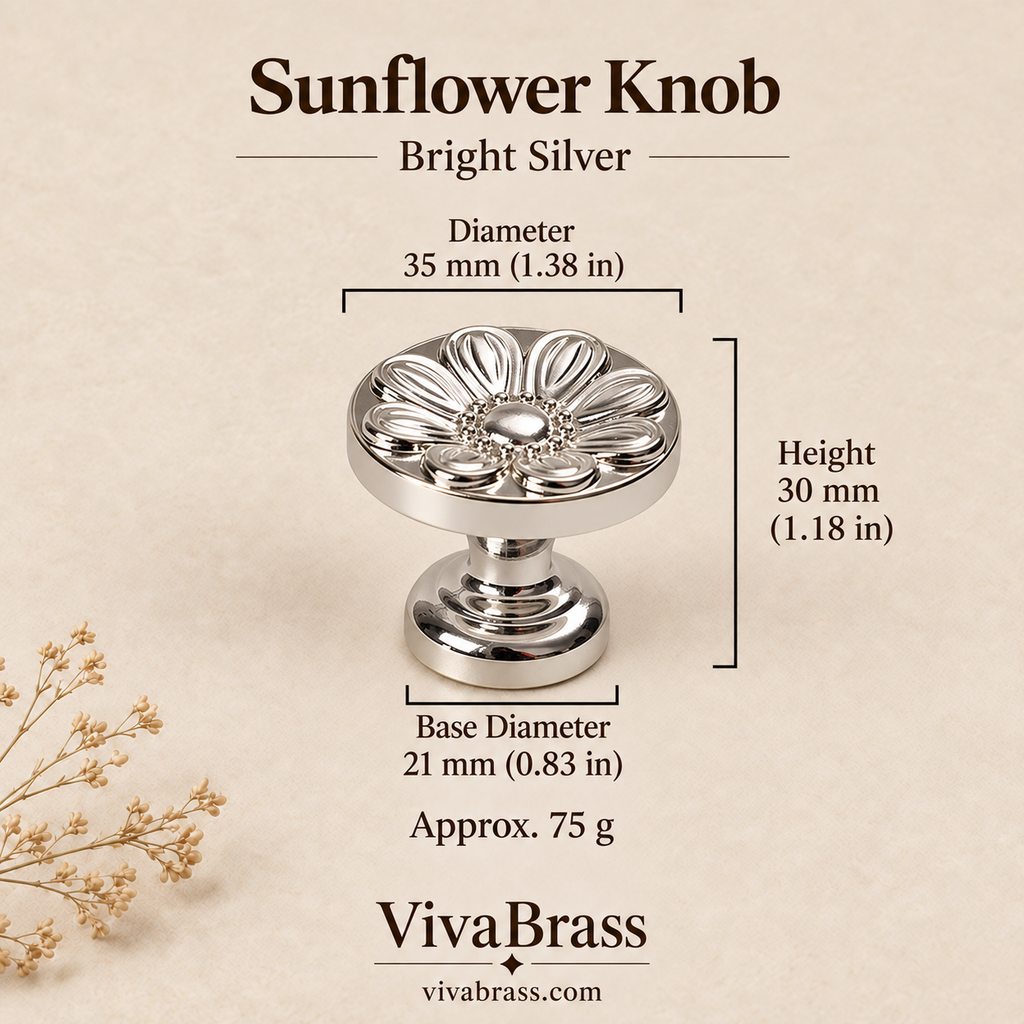 Sunflower Knob - Bright Silver – decorative brass knob by VivaBrass